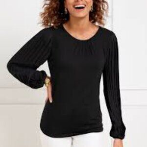 Talbots Black Pleated Sleeve Crew Neck Top Size M